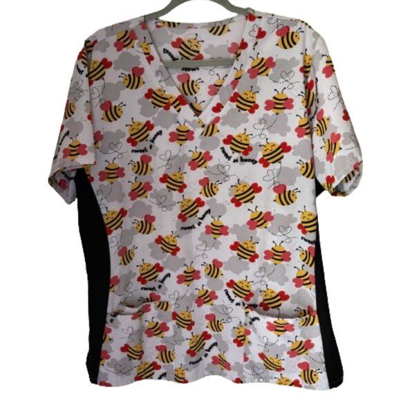 SCRUB JOY Performance V-Neck Medical Top Scrub BUMBLE BEE SWEET AS HONEY SIZE 2X - Picture 1 of 11